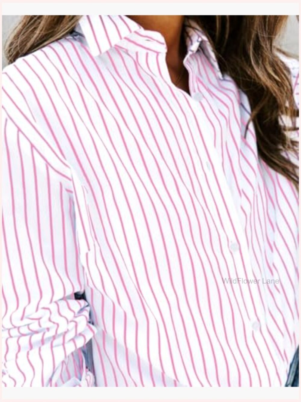 Striped V-Neck Cotton Button Down Long Sleeve Blouse Tunic - Picture 6 of 6